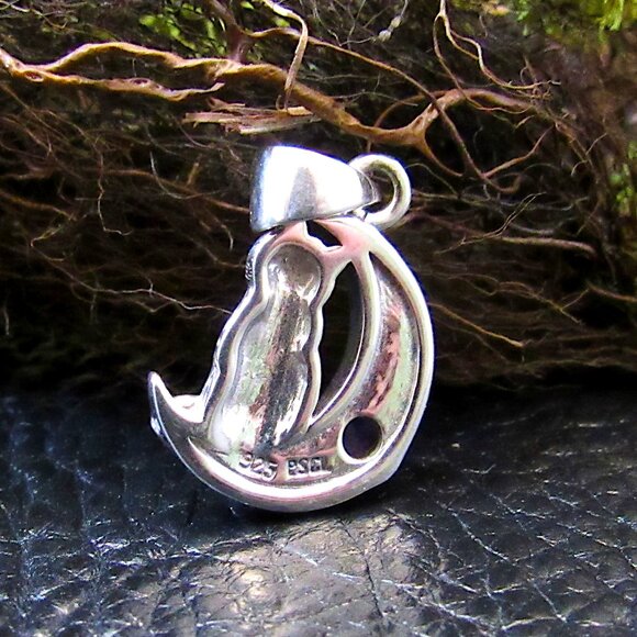 Solid 925 Sterling Silver Celtic Crescent Moon Cat Pendant Amethyst or Moonstone - Picture 4 of 11